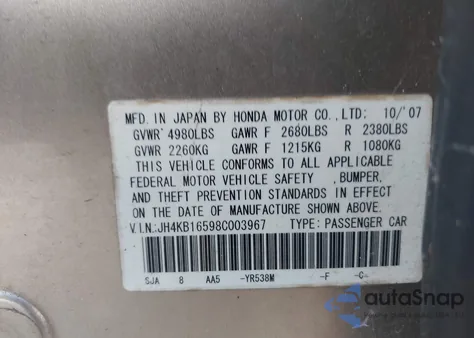 2008 Acura Rl 3.5 z USA, uszkodzony, nr VIN JH4KB16598C003967